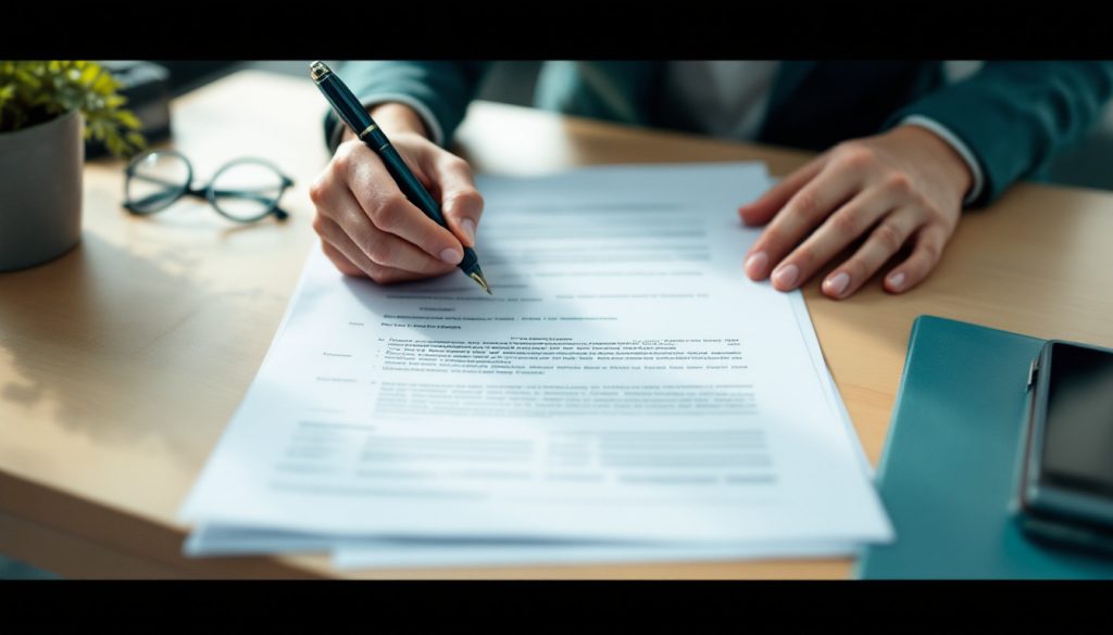 Des mains remplissent un formulaire administratif sur un bureau en bois