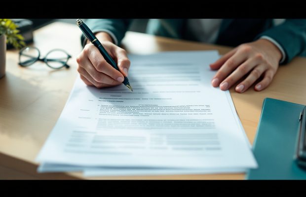 Des mains remplissent un formulaire administratif sur un bureau en bois