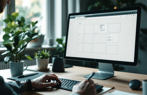 Un écran affiche la grille de mise en page d'un site, à côté d'un croquis papier