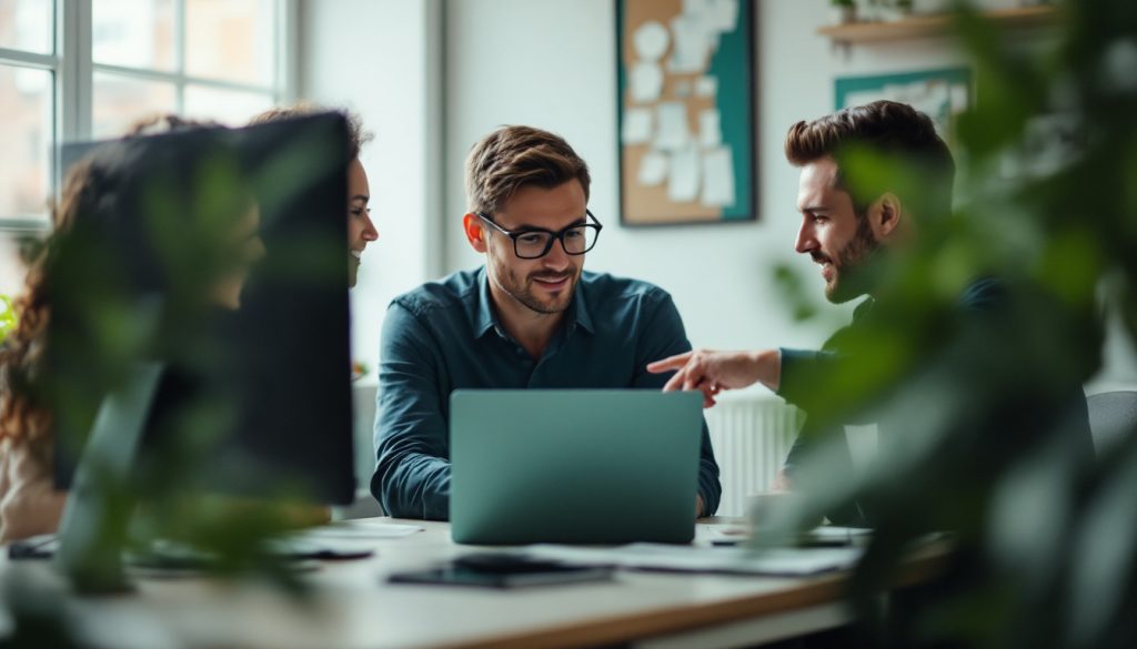 Trois collègues regardent ensemble un écran d'ordinateur portable