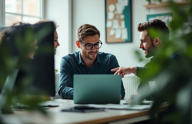Trois collègues regardent ensemble un écran d'ordinateur portable