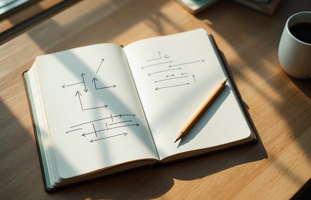 Un carnet ouvert sur un schéma dessiné à la main, avec un crayon et un café