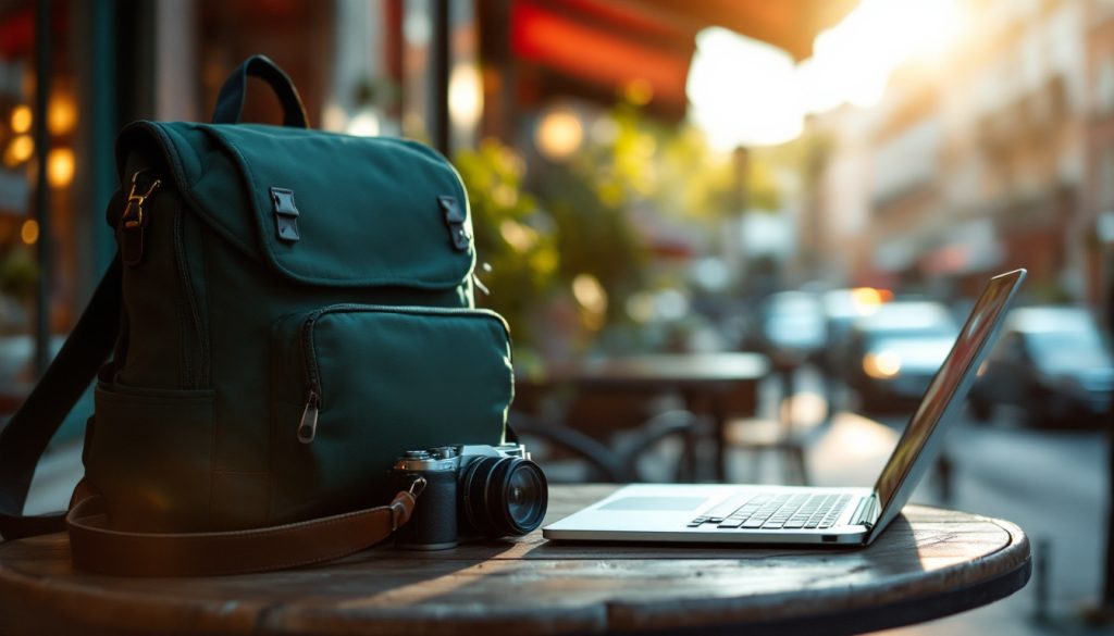 Un sac à dos, un appareil photo et un ordinateur portable sur une table de terrasse