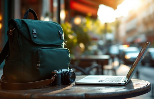 Un sac à dos, un appareil photo et un ordinateur portable sur une table de terrasse