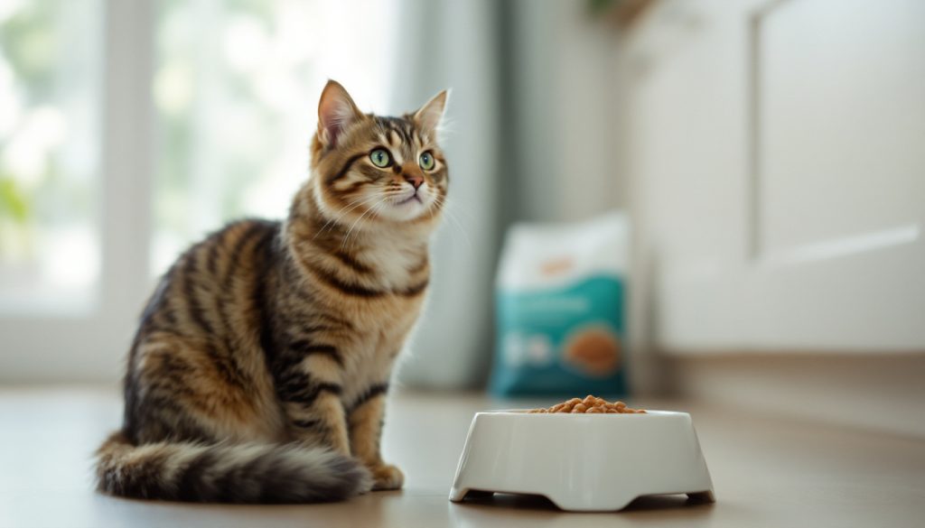 Un chat assis à côté de sa gamelle dans une cuisine lumineuse