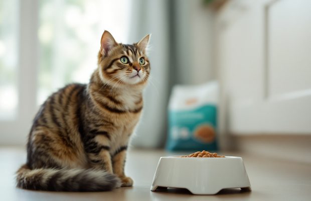 Un chat assis à côté de sa gamelle dans une cuisine lumineuse