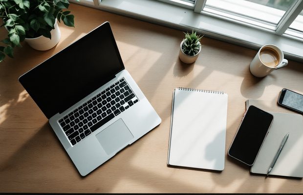 Un bureau minimaliste vu de dessus avec un ordinateur, un carnet et un téléphone