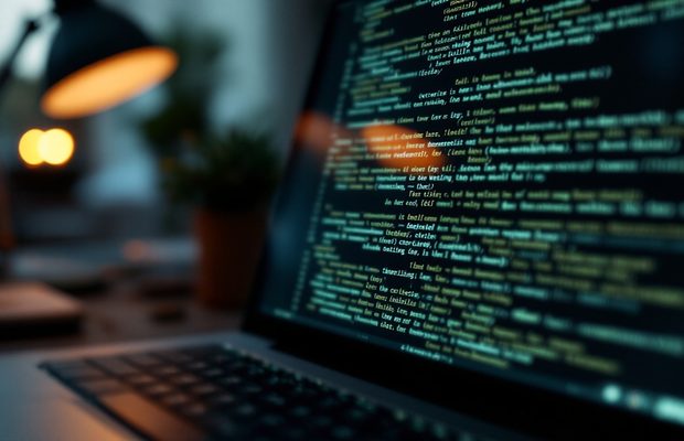 Un clavier au premier plan et un écran couvert de texte, sous une lampe de bureau