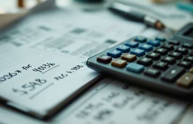 Une calculatrice, des relevés bancaires et un carnet de comptes sur un bureau