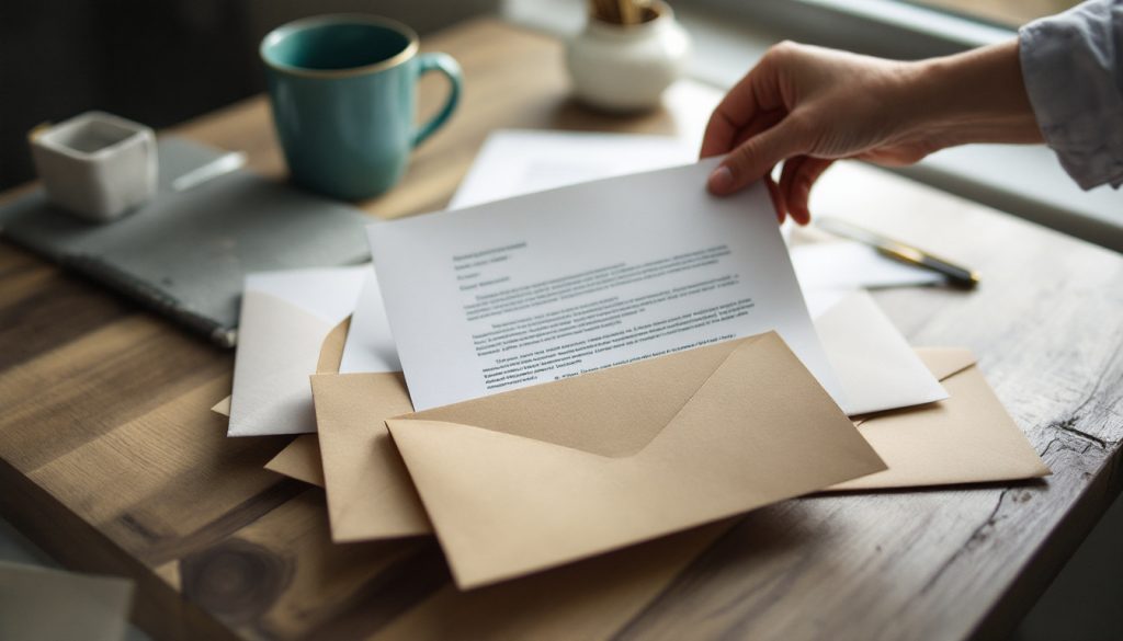 Courriers administratifs ouverts sur une table de cuisine
