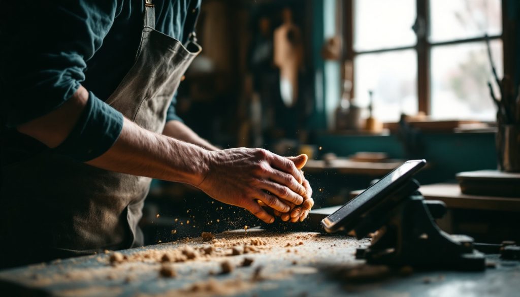 Artisan qui consulte une tablette posée sur son établi