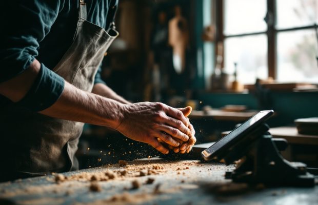 Artisan qui consulte une tablette posée sur son établi