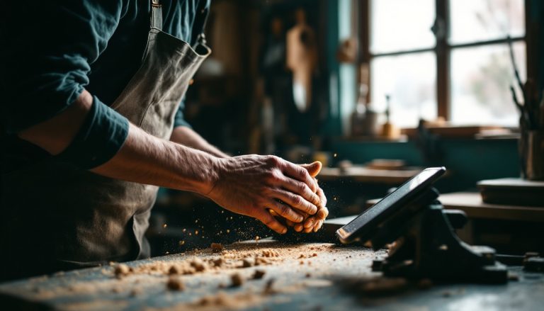 Artisan qui consulte une tablette posée sur son établi