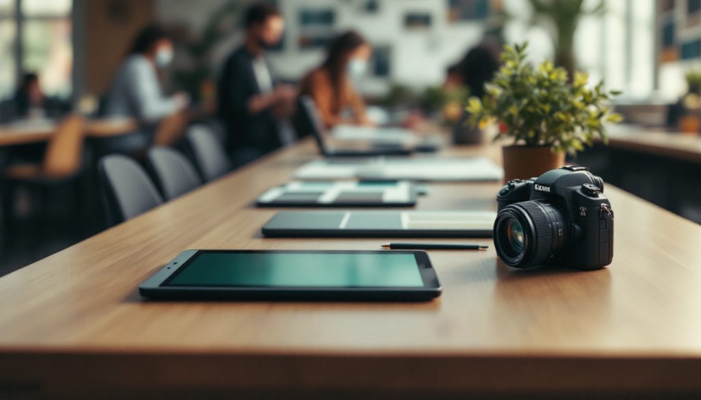 Table de coworking avec des postes de travail très différents