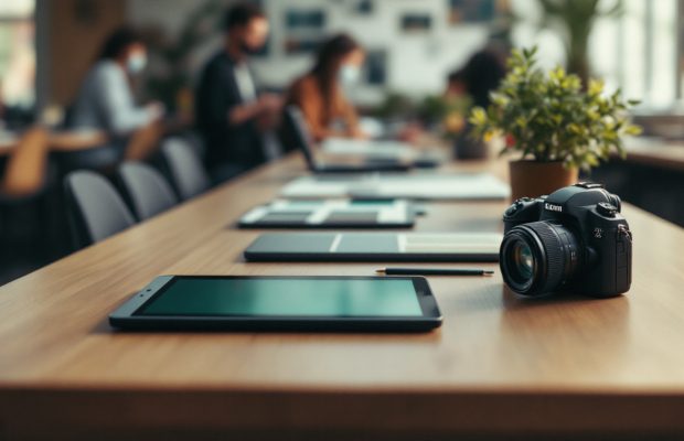 Table de coworking avec des postes de travail très différents