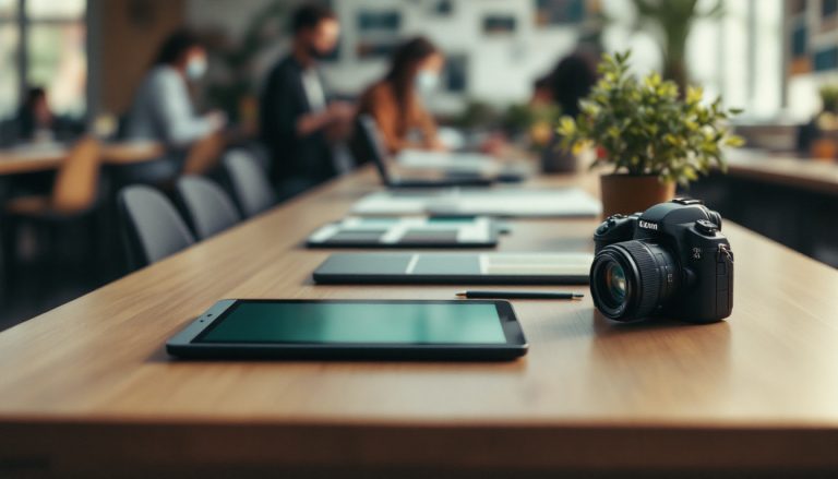 Table de coworking avec des postes de travail très différents