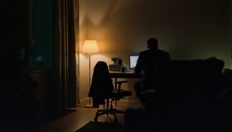 Coin bureau dans un salon éclairé par une lampe, le soir