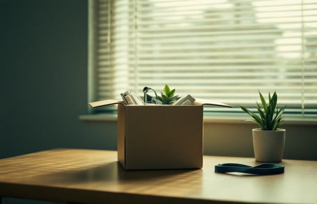 Carton d'affaires personnelles sur un bureau que l'on quitte