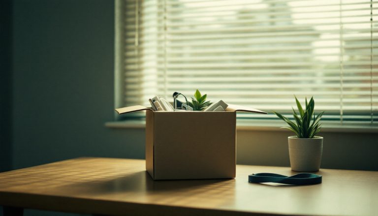Carton d'affaires personnelles sur un bureau que l'on quitte