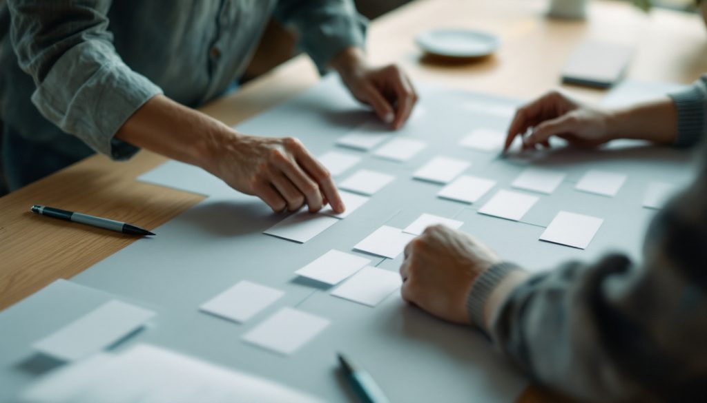 Fiches en papier disposées en arborescence sur une table