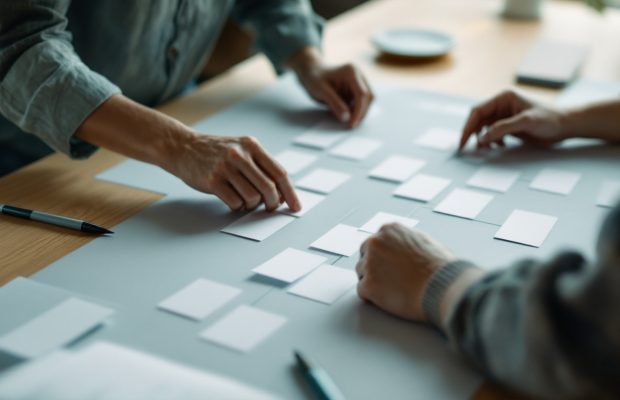 Fiches en papier disposées en arborescence sur une table