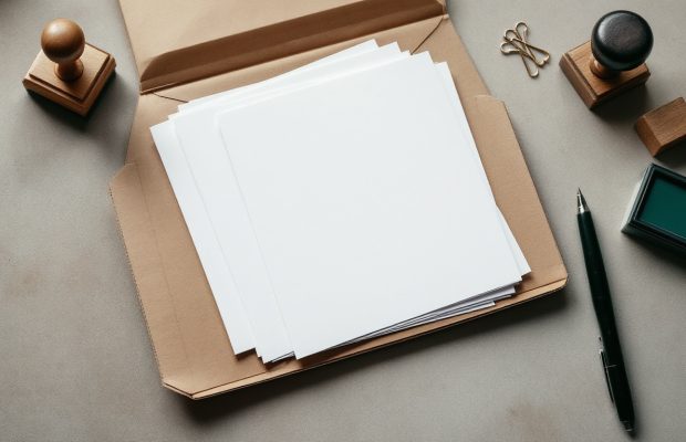 Chemise cartonnée, tampon et encreur posés sur une table
