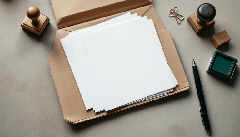 Chemise cartonnée, tampon et encreur posés sur une table