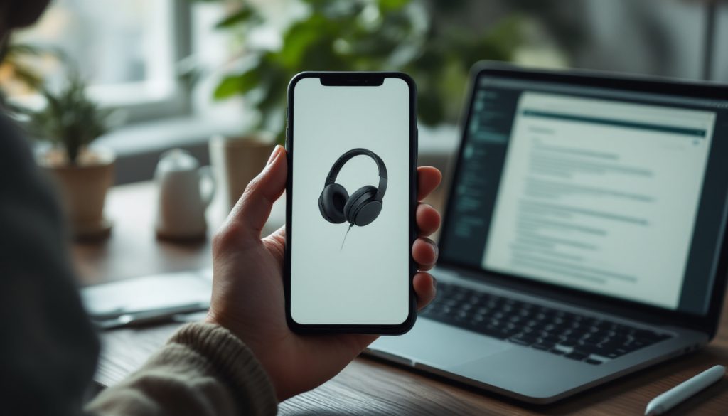 Téléphone montrant une fiche produit à côté d'un ordinateur portable