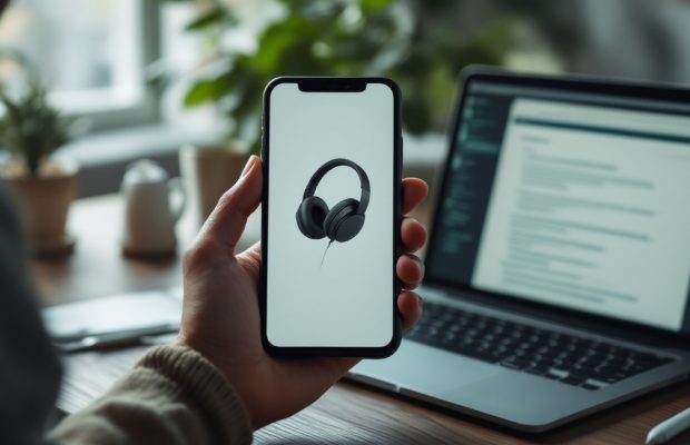 Téléphone montrant une fiche produit à côté d'un ordinateur portable