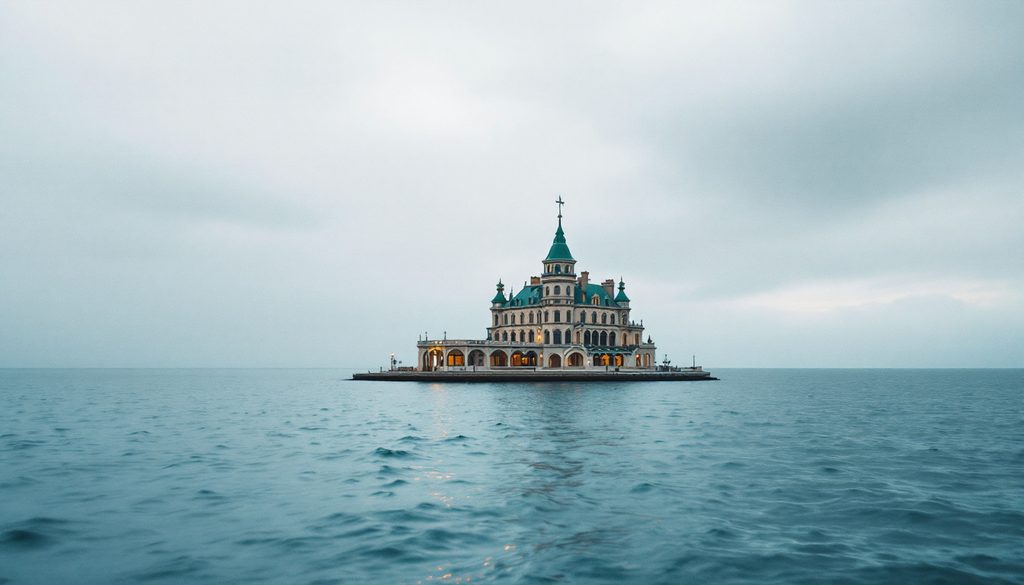 Grand casino posé au bord de l'eau, vu de loin sous un ciel couvert