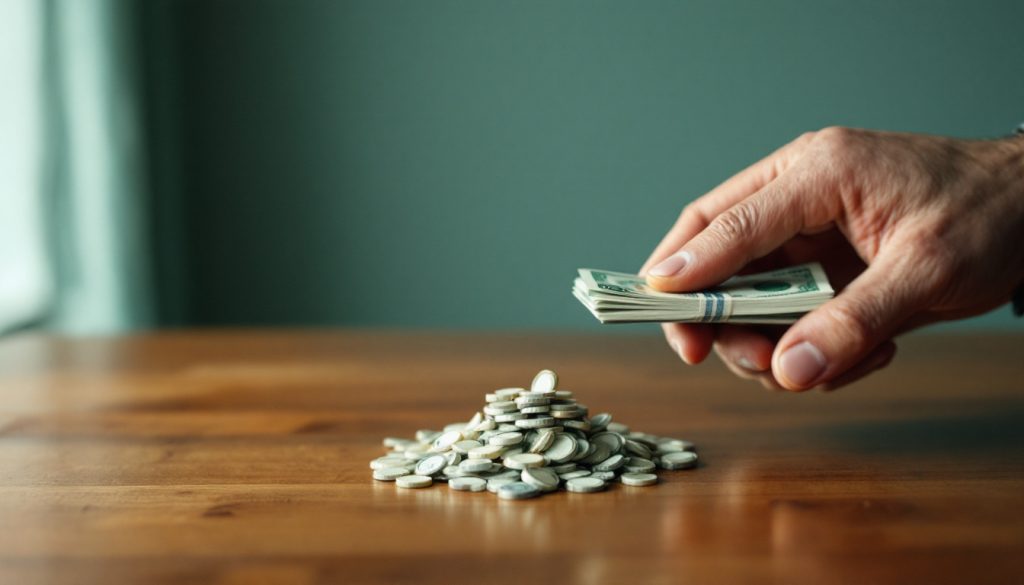 Main partageant des billets en deux piles, à côté d'un tas de pièces