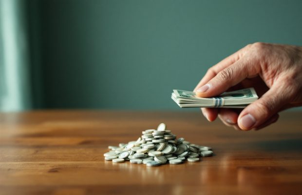 Main partageant des billets en deux piles, à côté d'un tas de pièces