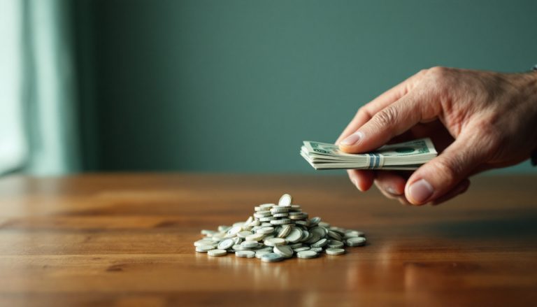 Main partageant des billets en deux piles, à côté d'un tas de pièces