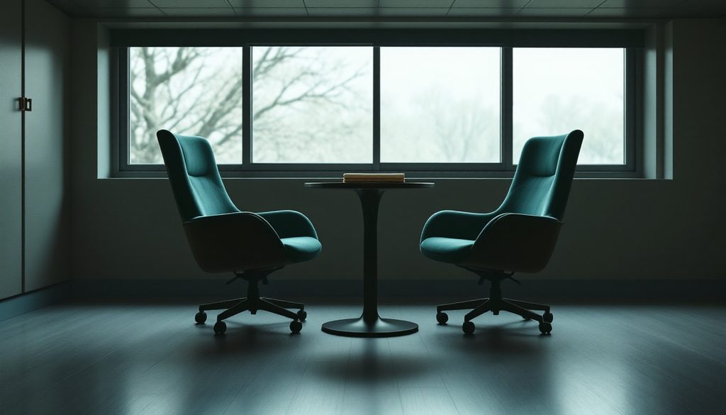 Deux chaises face à face autour d'une table, dans une salle de réunion vide