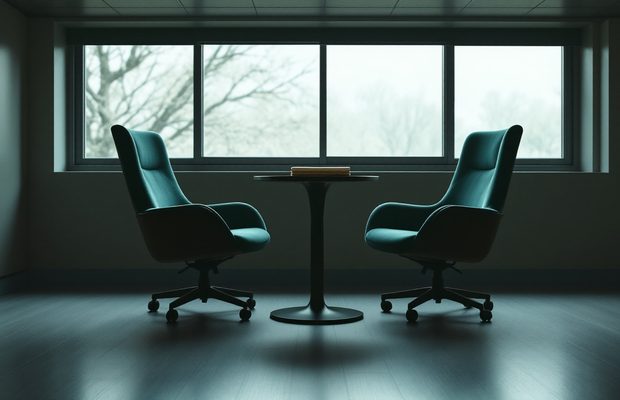 Deux chaises face à face autour d'une table, dans une salle de réunion vide