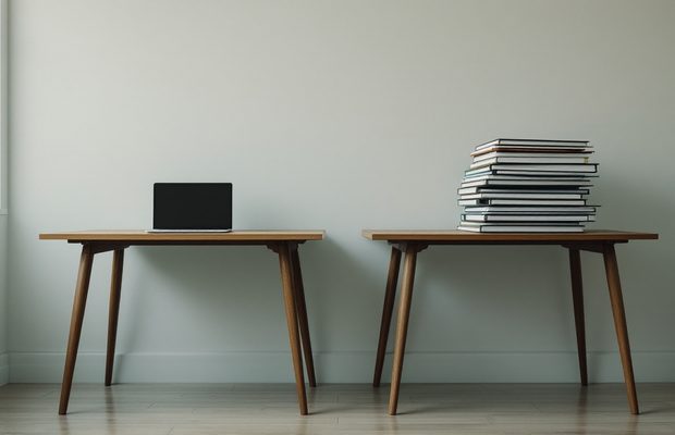 Deux bureaux identiques côte à côte, l'un nu, l'autre chargé de classeurs