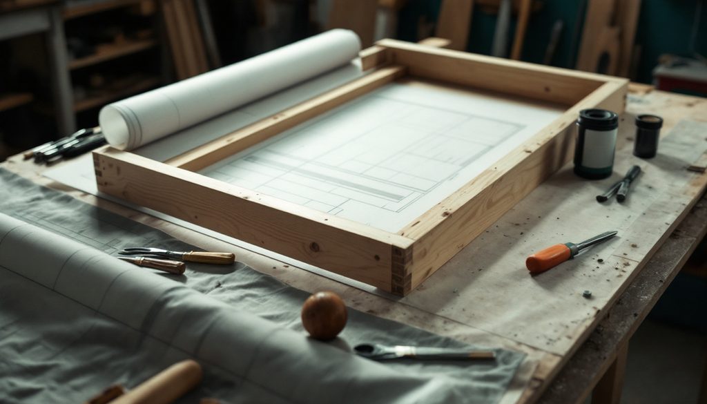 Cadre en bois en cours d'assemblage sur un établi, plan roulé à côté