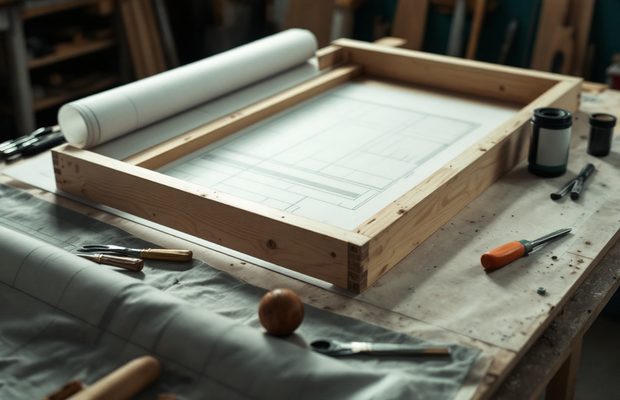 Cadre en bois en cours d'assemblage sur un établi, plan roulé à côté