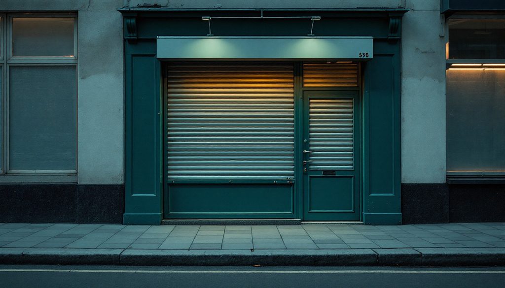 Devanture de commerce dont le rideau métallique est à demi baissé