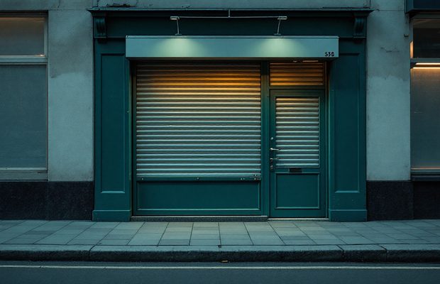 Devanture de commerce dont le rideau métallique est à demi baissé