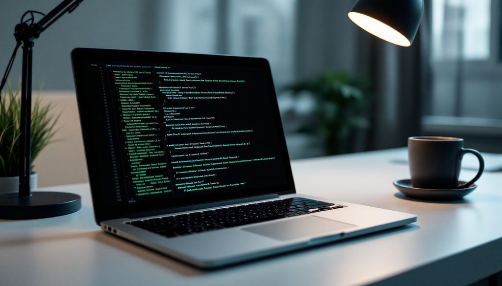 Ordinateur portable affichant du code, le soir, éclairé par une lampe de bureau
