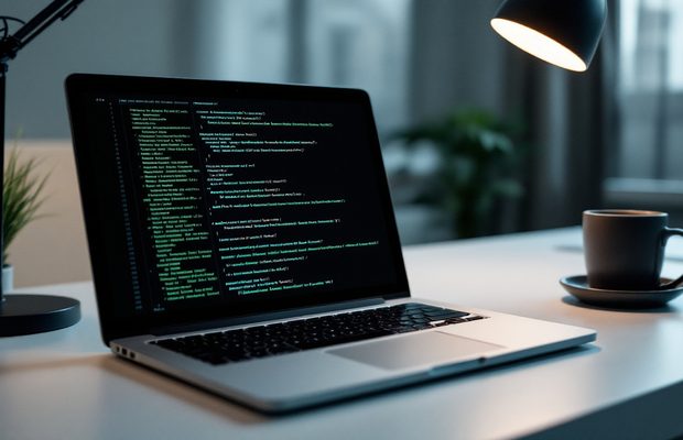 Ordinateur portable affichant du code, le soir, éclairé par une lampe de bureau